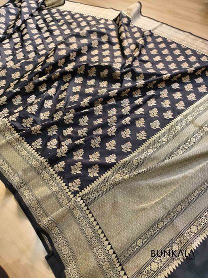 Jet Black & Golden Zari Meena Floral Buta Motif Handloom Banarasi Pure Katan Silk Saree