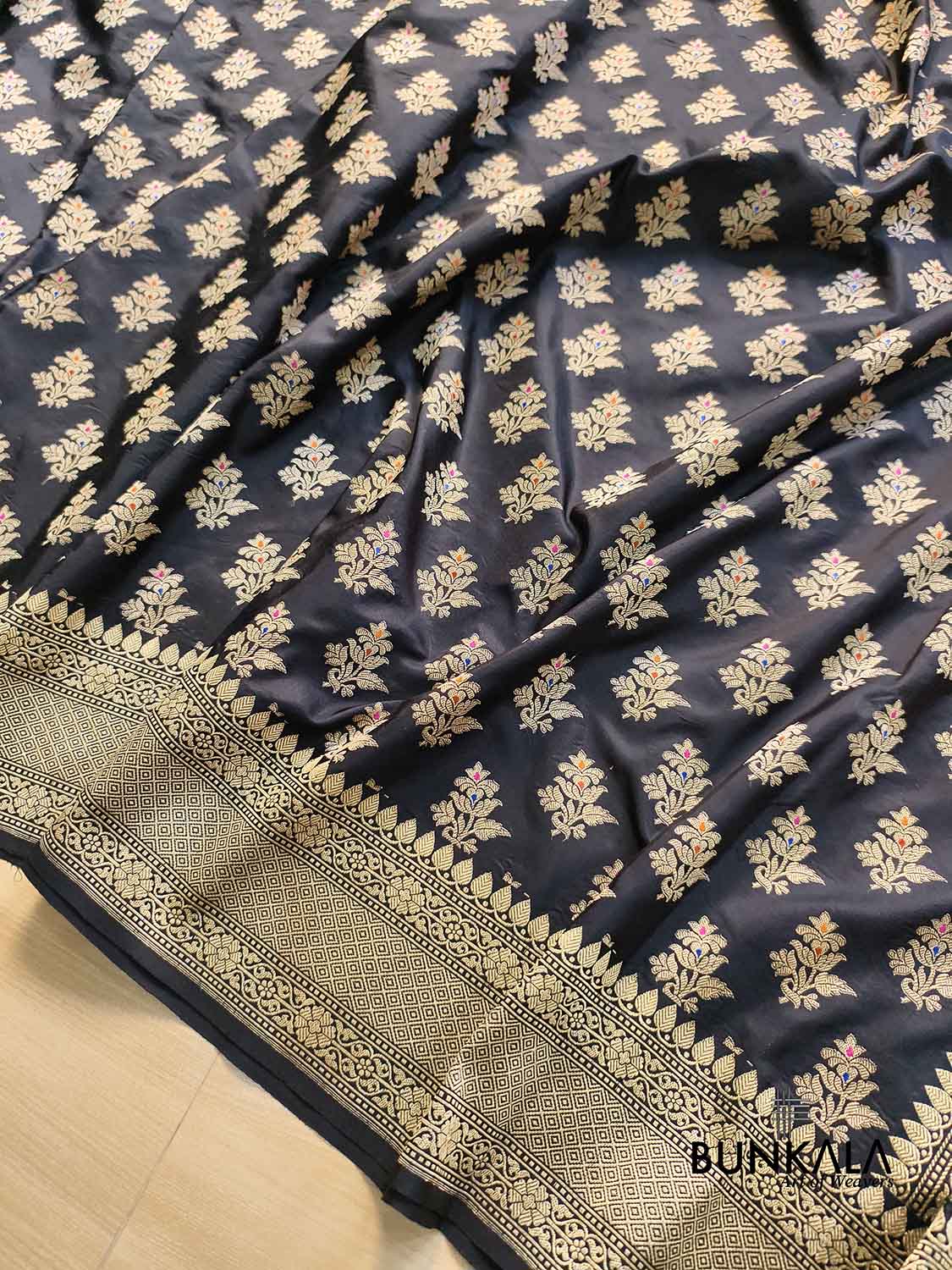 Jet Black & Golden Zari Meena Floral Buta Motif Handloom Banarasi Pure Katan Silk Saree