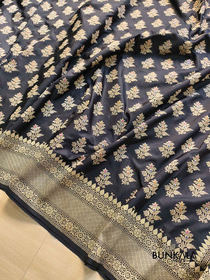Jet Black & Golden Zari Meena Floral Buta Motif Handloom Banarasi Pure Katan Silk Saree