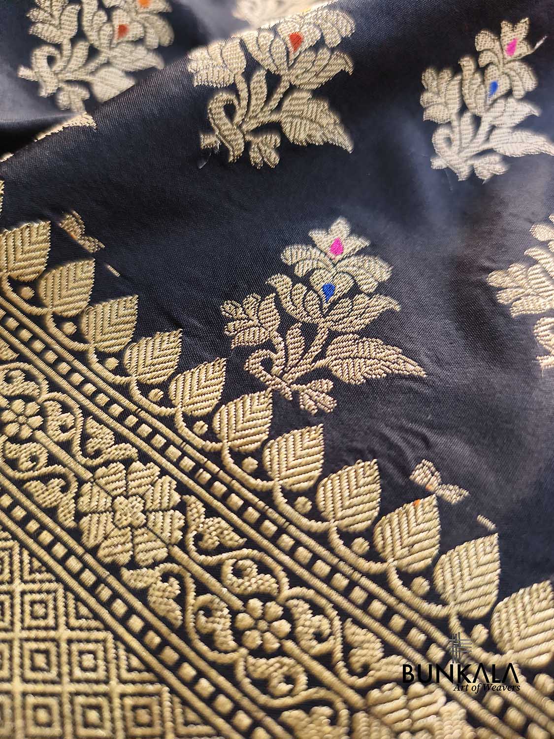 Jet Black & Golden Zari Meena Floral Buta Motif Handloom Banarasi Pure Katan Silk Saree