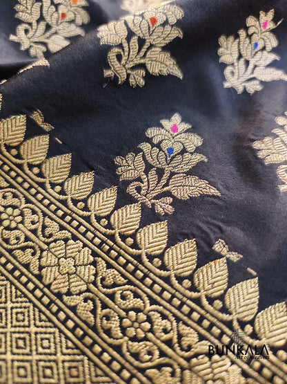 Jet Black & Golden Zari Meena Floral Buta Motif Handloom Banarasi Pure Katan Silk Saree