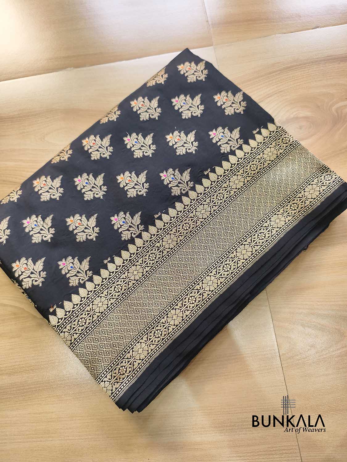 Jet Black & Golden Zari Meena Floral Buta Motif Handloom Banarasi Pure Katan Silk Saree