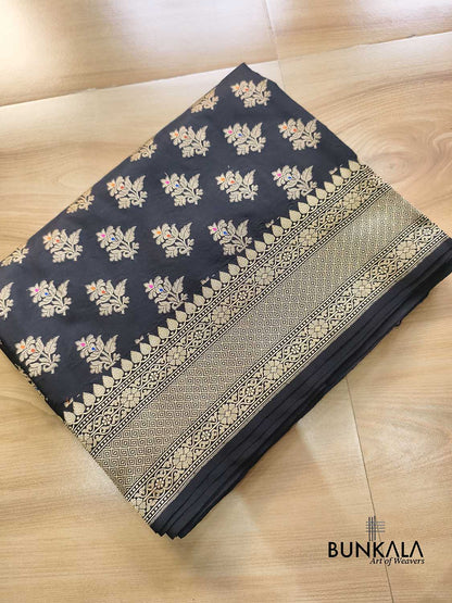 Jet Black & Golden Zari Meena Floral Buta Motif Handloom Banarasi Pure Katan Silk Saree