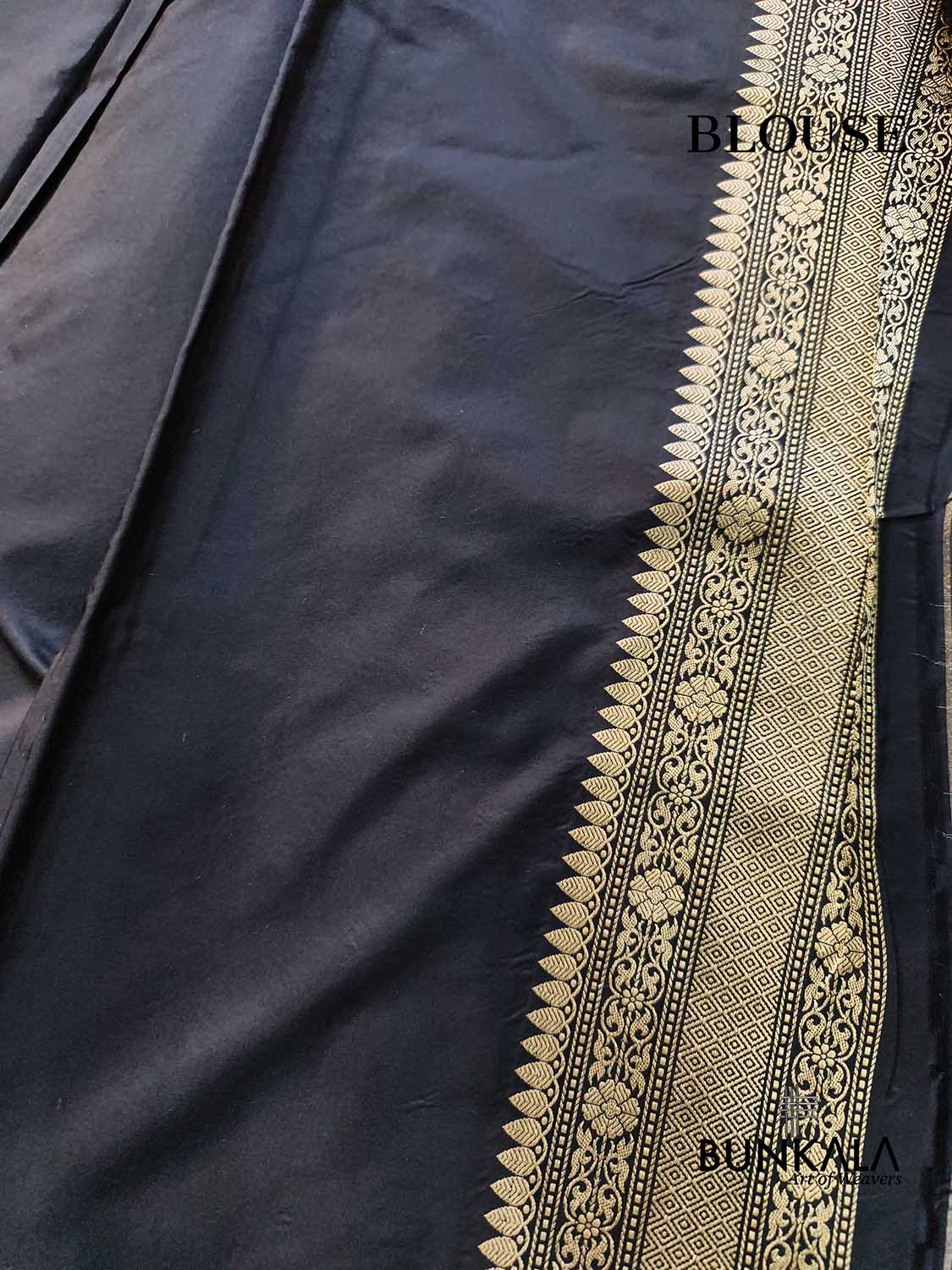 Jet Black & Golden Zari Meena Floral Buta Motif Handloom Banarasi Pure Katan Silk Saree