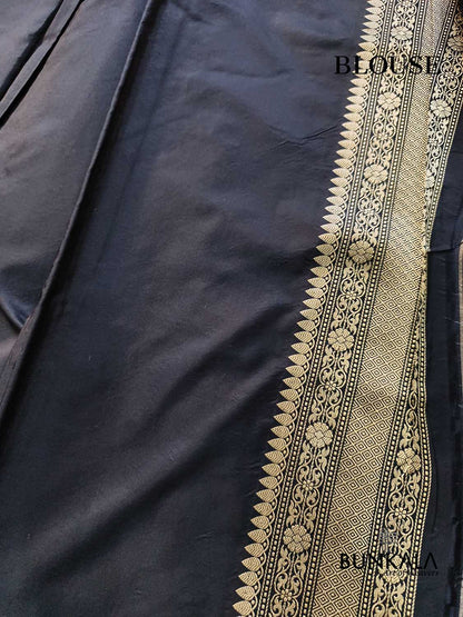 Jet Black & Golden Zari Meena Floral Buta Motif Handloom Banarasi Pure Katan Silk Saree