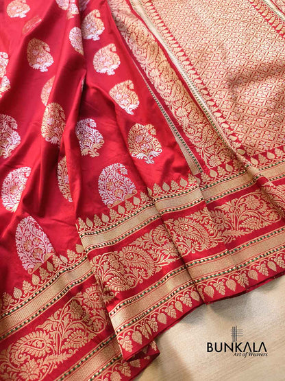 Bridal Red Paisley Sona Rupa Buta Handloom Banarasi Pure Katan Silk Saree