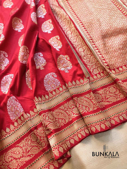 Bridal Red Paisley Sona Rupa Buta Handloom Banarasi Pure Katan Silk Saree
