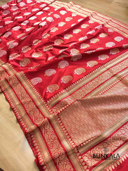 Bridal Red Paisley Sona Rupa Buta Handloom Banarasi Pure Katan Silk Saree