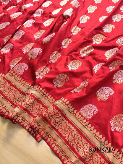 Bridal Red Paisley Sona Rupa Buta Handloom Banarasi Pure Katan Silk Saree