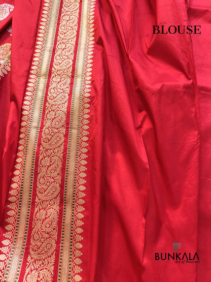 Bridal Red Paisley Sona Rupa Buta Handloom Banarasi Pure Katan Silk Saree