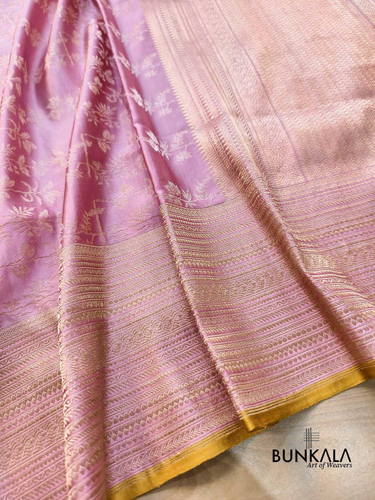 Onion Pink Jamewar Ektara Floral Jaal Handwoven Banarasi Pure Mashru Tissue Silk Saree
