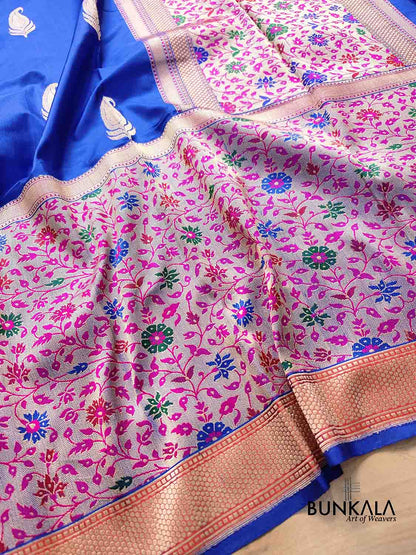 Royal Blue Pure Katan Silk Allover Paisley Buti Double Tana Banarasi Saree with Kadwa Handweaved Big Meenakari Border