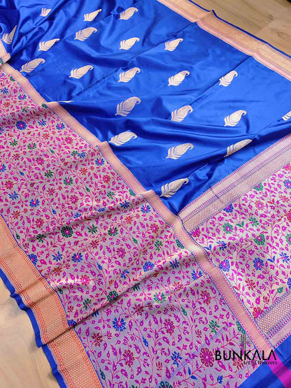 Royal Blue Pure Katan Silk Allover Paisley Buti Double Tana Banarasi Saree with Kadwa Handweaved Big Meenakari Border