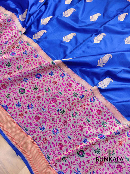 Royal Blue Pure Katan Silk Allover Paisley Buti Double Tana Banarasi Saree with Kadwa Handweaved Big Meenakari Border