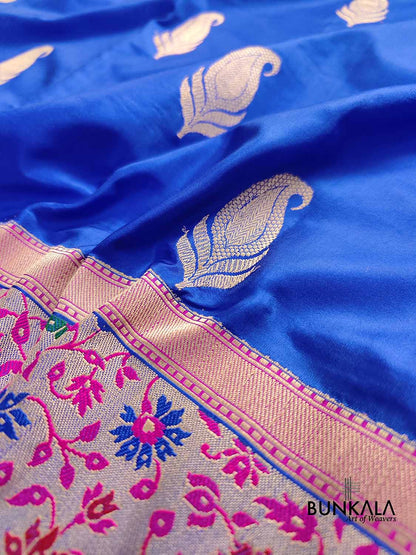 Royal Blue Pure Katan Silk Allover Paisley Buti Double Tana Banarasi Saree with Kadwa Handweaved Big Meenakari Border