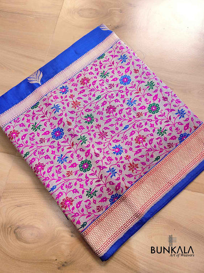 Royal Blue Pure Katan Silk Allover Paisley Buti Double Tana Banarasi Saree with Kadwa Handweaved Big Meenakari Border