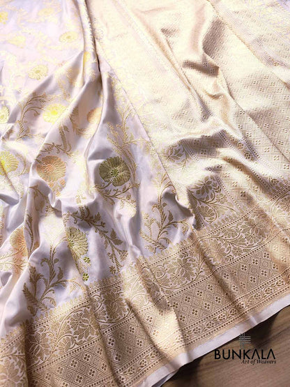 White Pure Katan Silk Kadwa Handweaved Sona Zari with Pastel Meenakari Floral Jangla Design Banarasi Saree
