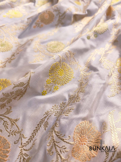 White Pure Katan Silk Kadwa Handweaved Sona Zari with Pastel Meenakari Floral Jangla Design Banarasi Saree