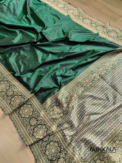 Bottle Green Pure Katan Silk Plain Double Tana Banarasi Saree with Kadwa Handweaved Sona Rupa Border