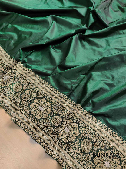 Bottle Green Pure Katan Silk Plain Double Tana Banarasi Saree with Kadwa Handweaved Sona Rupa Border