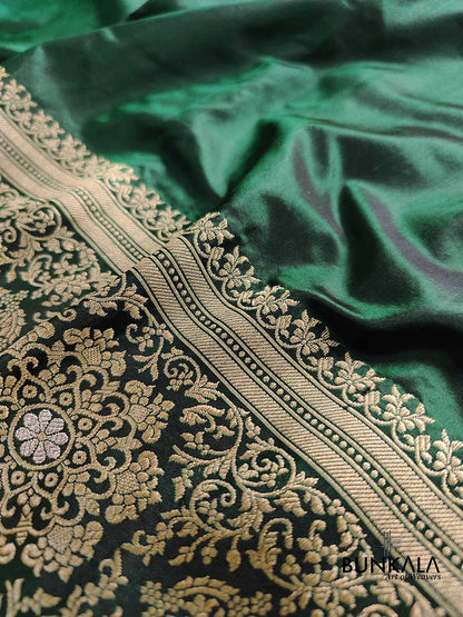 Bottle Green Pure Katan Silk Plain Double Tana Banarasi Saree with Kadwa Handweaved Sona Rupa Border