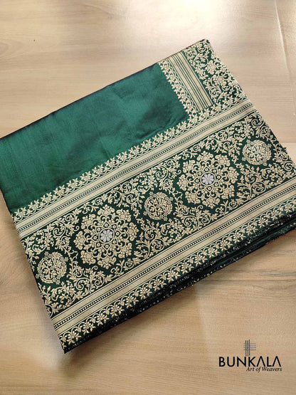 Bottle Green Pure Katan Silk Plain Double Tana Banarasi Saree with Kadwa Handweaved Sona Rupa Border