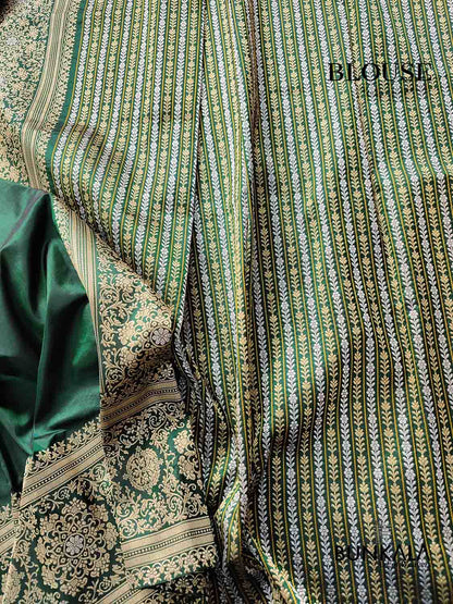 Bottle Green Pure Katan Silk Plain Double Tana Banarasi Saree with Kadwa Handweaved Sona Rupa Border