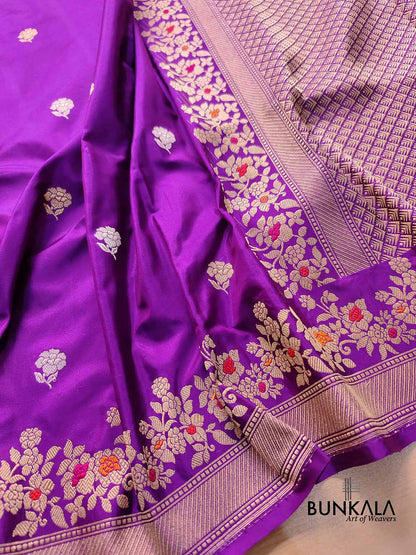Two Tone Purple Pure Katan Silk Kadwa Handweaved Allover Small Flower Buti Banarasi Saree with Meenakari Border