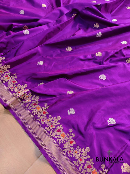 Two Tone Purple Pure Katan Silk Kadwa Handweaved Allover Small Flower Buti Banarasi Saree with Meenakari Border