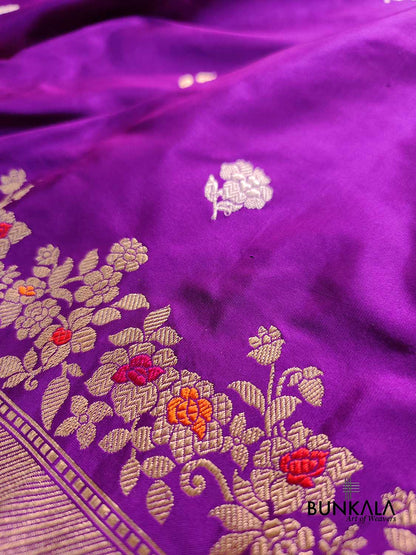 Two Tone Purple Pure Katan Silk Kadwa Handweaved Allover Small Flower Buti Banarasi Saree with Meenakari Border