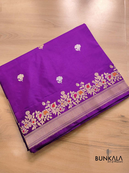 Two Tone Purple Pure Katan Silk Kadwa Handweaved Allover Small Flower Buti Banarasi Saree with Meenakari Border
