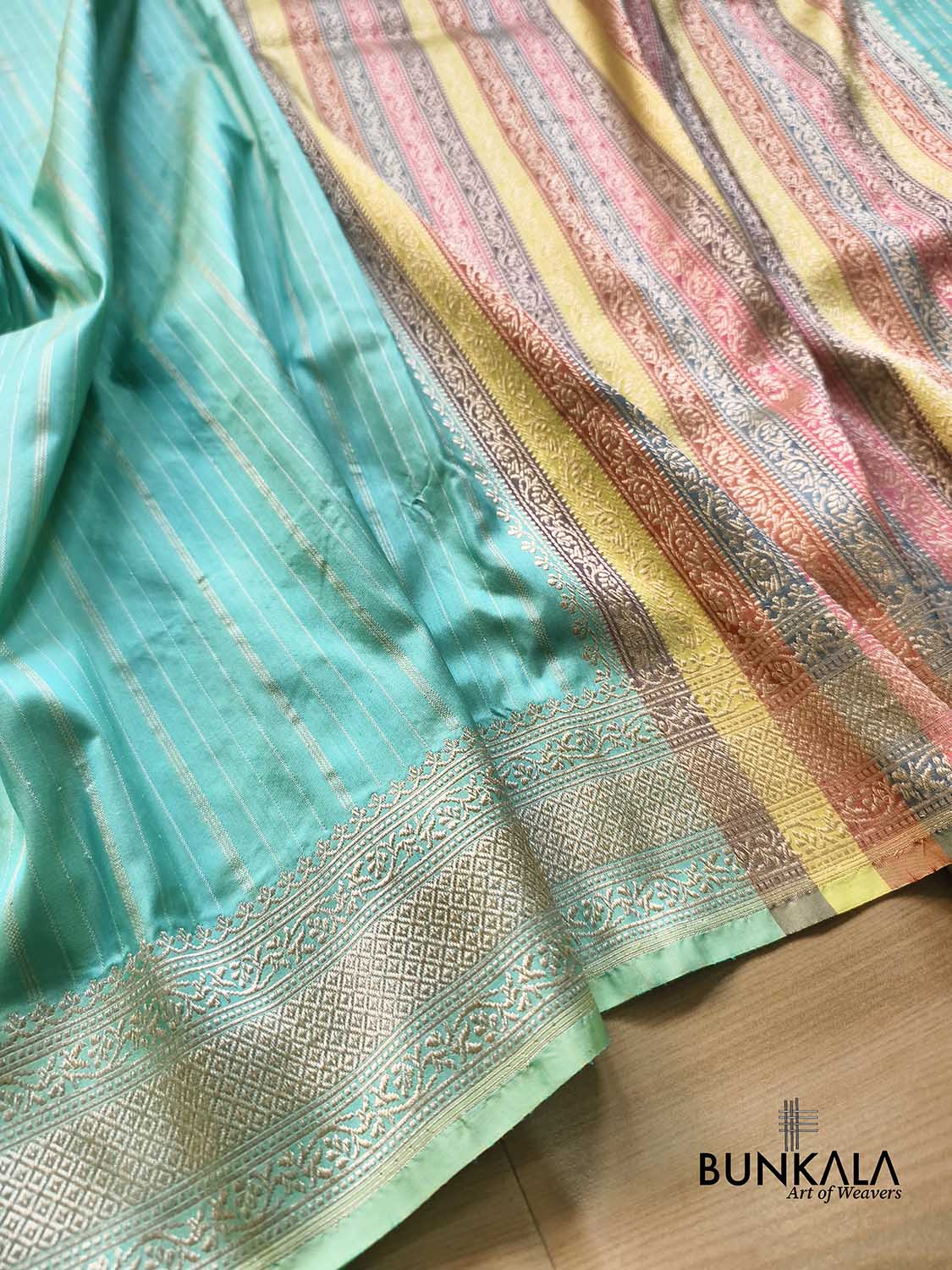 Pastel Greenish Blue Sona Zari Stripes Multi Pallu Kadwa Handweaved Banarasi Pure Katan Silk Saree