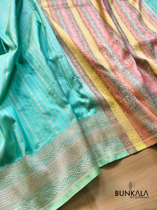 Pastel Greenish Blue Sona Zari Stripes Multi Pallu Kadwa Handweaved Banarasi Pure Katan Silk Saree