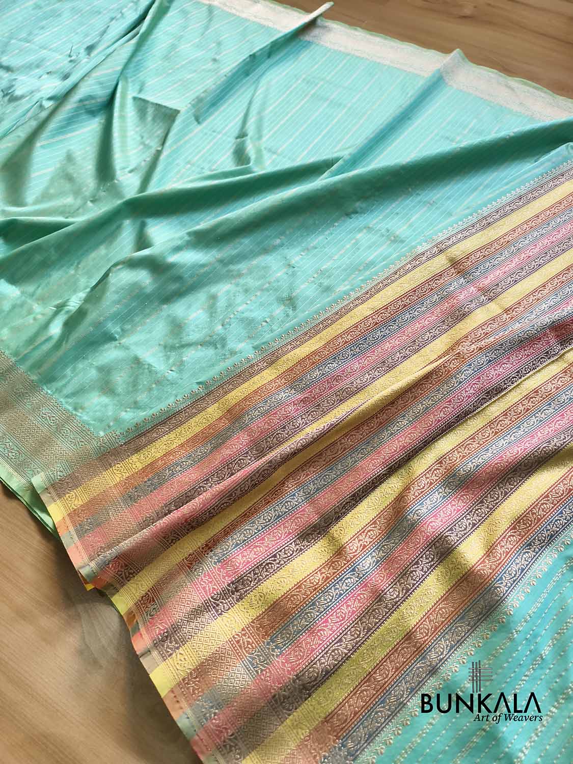 Pastel Greenish Blue Sona Zari Stripes Multi Pallu Kadwa Handweaved Banarasi Pure Katan Silk Saree