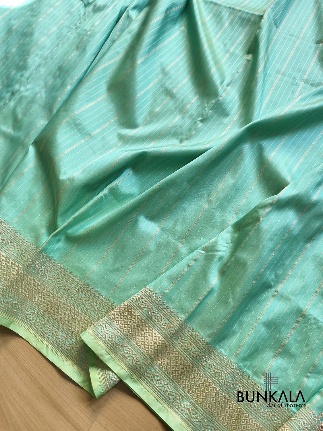 Pastel Greenish Blue Sona Zari Stripes Multi Pallu Kadwa Handweaved Banarasi Pure Katan Silk Saree