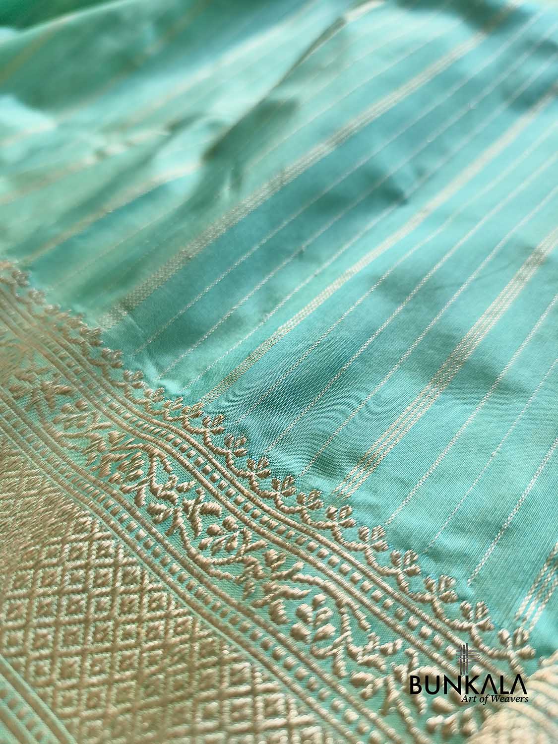 Pastel Greenish Blue Sona Zari Stripes Multi Pallu Kadwa Handweaved Banarasi Pure Katan Silk Saree