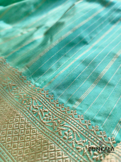 Pastel Greenish Blue Sona Zari Stripes Multi Pallu Kadwa Handweaved Banarasi Pure Katan Silk Saree