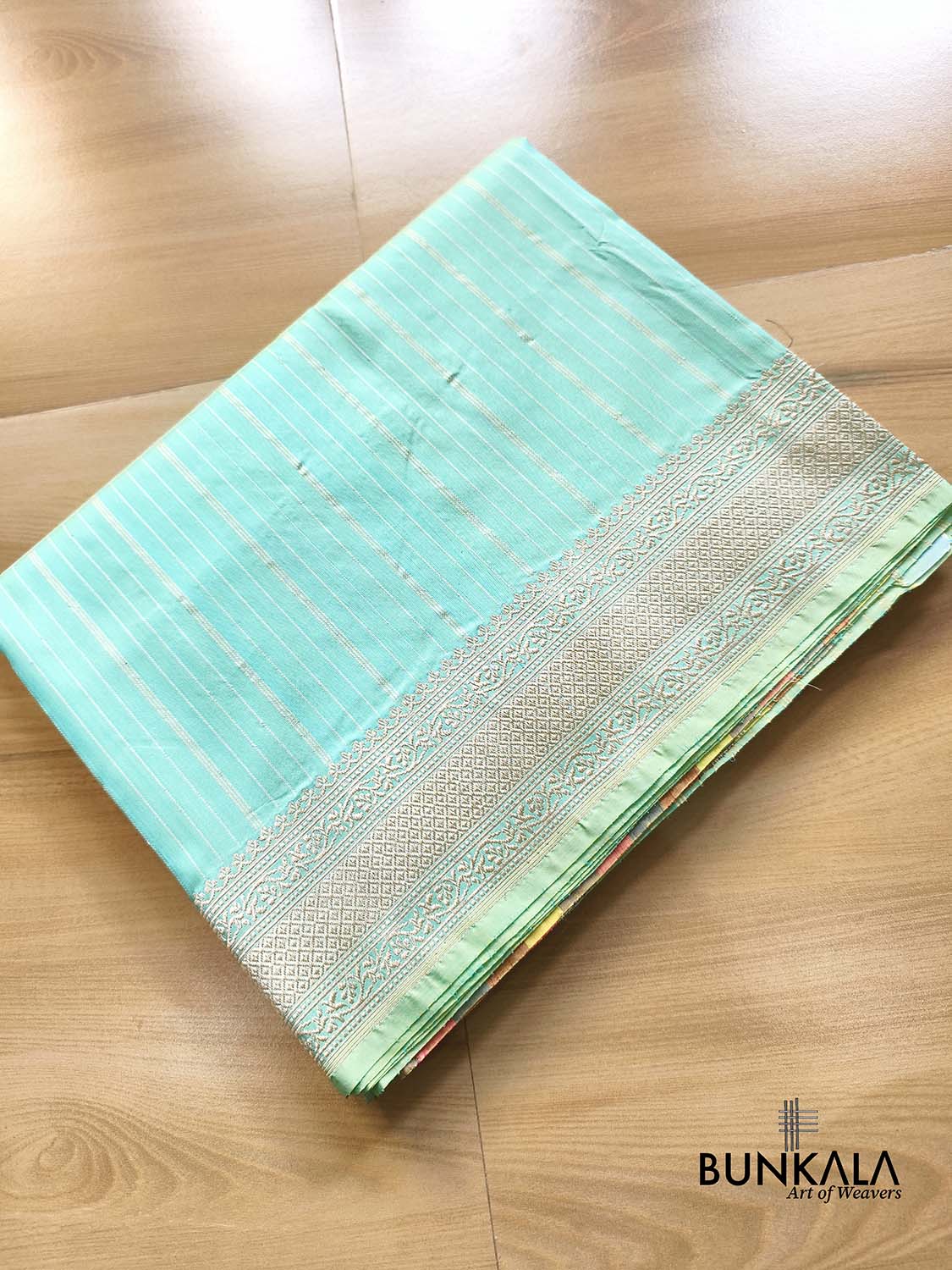 Pastel Greenish Blue Sona Zari Stripes Multi Pallu Kadwa Handweaved Banarasi Pure Katan Silk Saree