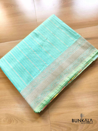 Pastel Greenish Blue Sona Zari Stripes Multi Pallu Kadwa Handweaved Banarasi Pure Katan Silk Saree