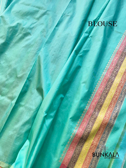 Pastel Greenish Blue Sona Zari Stripes Multi Pallu Kadwa Handweaved Banarasi Pure Katan Silk Saree