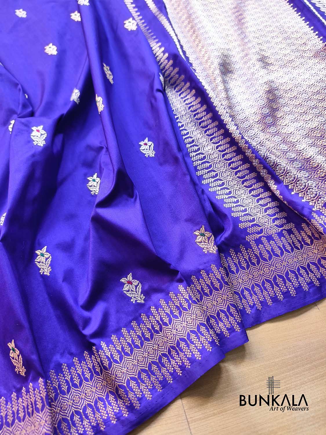 Bluish Purple Sona Rupa Flower Meena Kadwa Handwoven Buti Banarasi Pure Katan Silk Saree