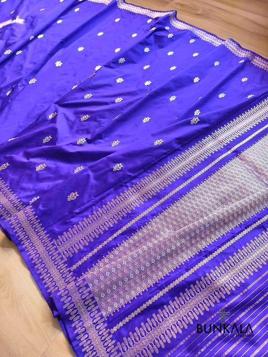 Bluish Purple Sona Rupa Flower Meena Kadwa Handwoven Buti Banarasi Pure Katan Silk Saree
