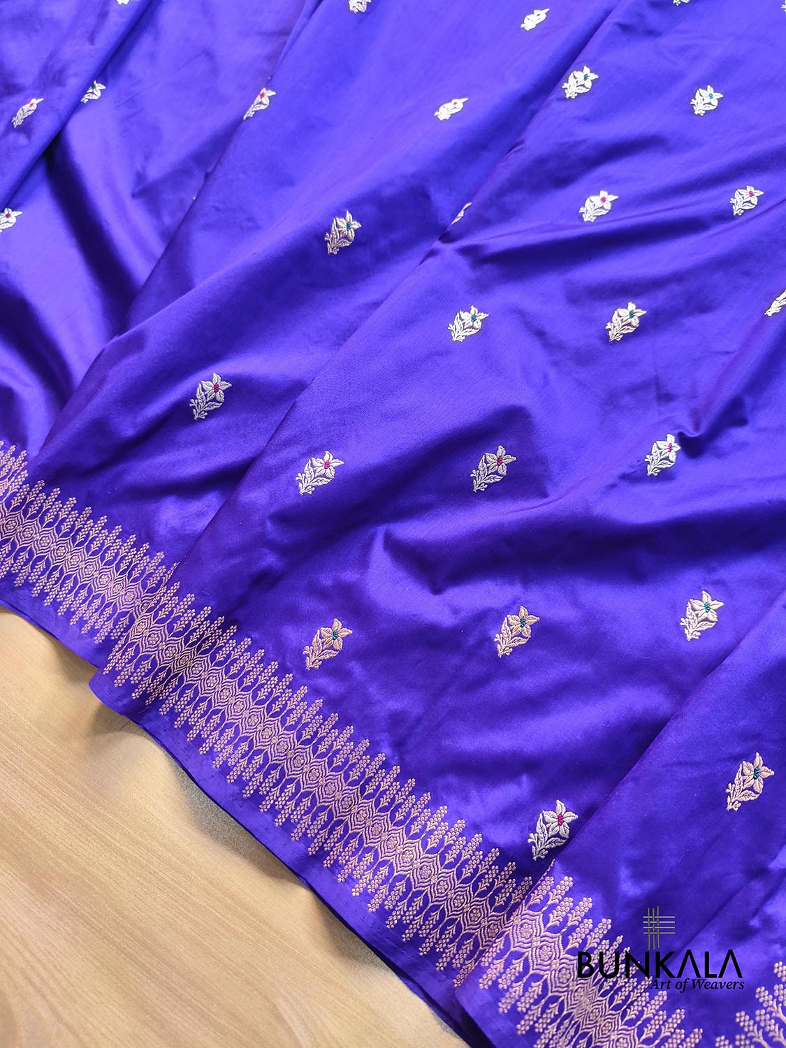 Bluish Purple Sona Rupa Flower Meena Kadwa Handwoven Buti Banarasi Pure Katan Silk Saree
