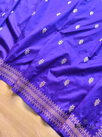 Bluish Purple Sona Rupa Flower Meena Kadwa Handwoven Buti Banarasi Pure Katan Silk Saree