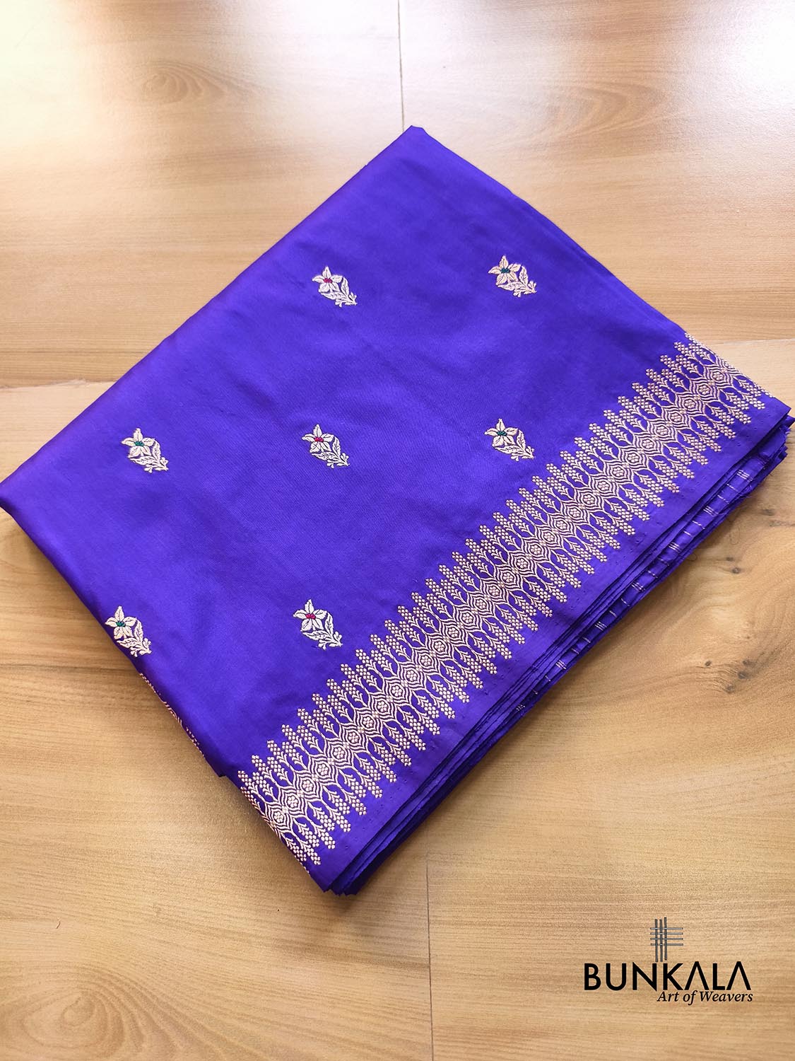 Bluish Purple Sona Rupa Flower Meena Kadwa Handwoven Buti Banarasi Pure Katan Silk Saree