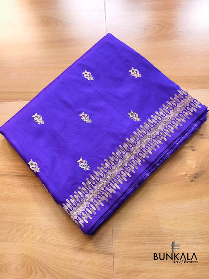 Bluish Purple Sona Rupa Flower Meena Kadwa Handwoven Buti Banarasi Pure Katan Silk Saree