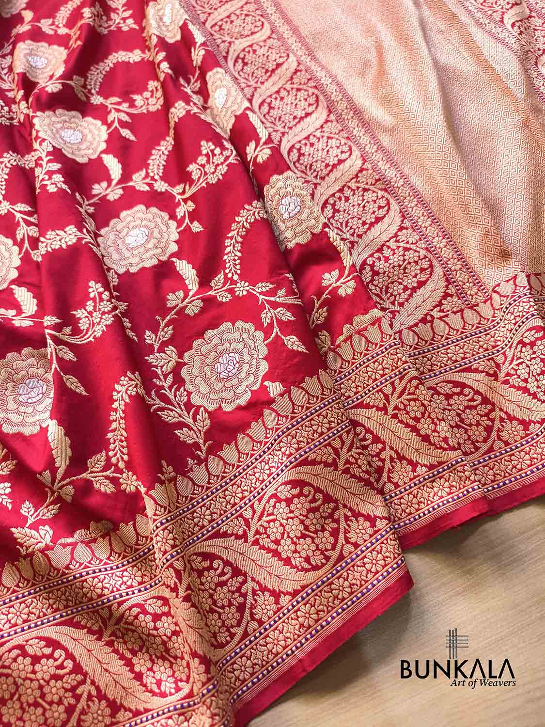 Bridal Red Rose Design Sona Rupa Kadwa Jangla Banarasi Pure Katan Silk Saree