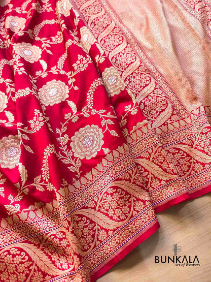 Bridal Red Rose Design Sona Rupa Kadwa Jangla Banarasi Pure Katan Silk Saree