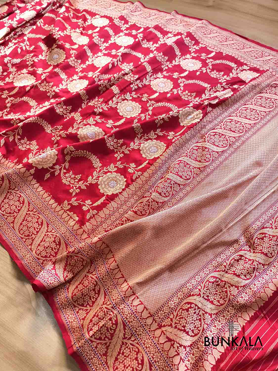 Bridal Red Rose Design Sona Rupa Kadwa Jangla Banarasi Pure Katan Silk Saree