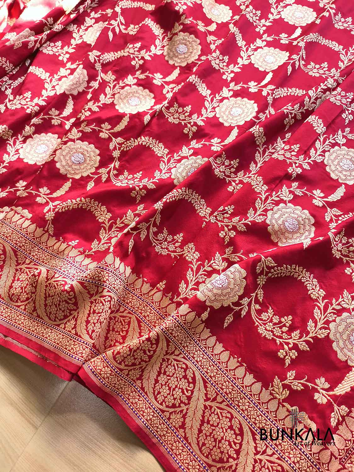 Bridal Red Rose Design Sona Rupa Kadwa Jangla Banarasi Pure Katan Silk Saree